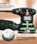 Side view of 2.0 Amp Electric Random Orbital Sander With 6000 To 12000 RPM Variable Speed Control highlighting dust bag system.