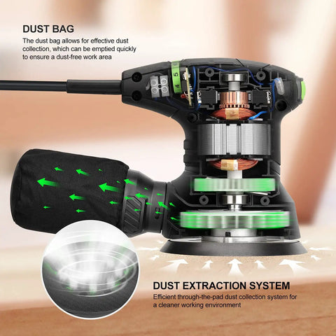 Side view of 2.0 Amp Electric Random Orbital Sander With 6000 To 12000 RPM Variable Speed Control highlighting dust bag system.