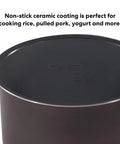 Ceramic Inner Pot For 6 Quart Multicookers, Nonstick Coated Interior, detail of the black nonstick surface with fill lines