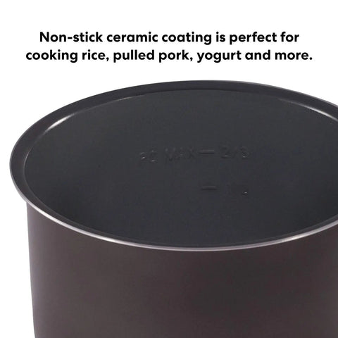 Ceramic Inner Pot For 6 Quart Multicookers, Nonstick Coated Interior, detail of the black nonstick surface with fill lines