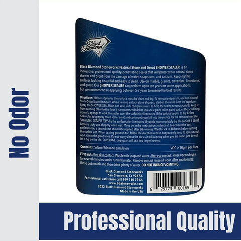 Back label of Penetrating Stone And Grout Sealer For Showers And Bathrooms Protects Marble Granite Travertine And Limestone And Grout From Water Soap Scum And Calcium Keeps Surfaces Looking Slick And Easy To Clean Works On Tile Ceramic Porcelain Grout 1 Quart showing instructions and barcode