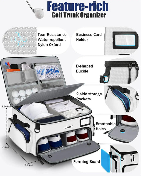 Waterproof Golf Trunk Organizer With Ventilated Shoe Pockets For 2 Pairs 4 Layer Storage And 17 Pockets For Balls Tees Caps