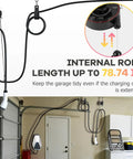 Universal EV Charger Cable Organizer With Retractable Overhead Mount, showing charging cord suspended in a garage up to 78.74 inches.