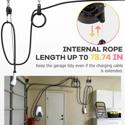 Universal EV Charger Cable Organizer With Retractable Overhead Mount, showing charging cord suspended in a garage up to 78.74 inches.