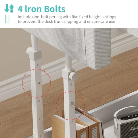 Close-up of height adjustment bolts on Rolling Mobile Desk With Drawers And Storage Adjustable Height Standing Workstation On Wheels.