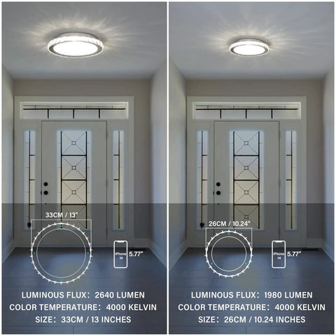 Mini Flush Mount LED Ceiling Light With Crystal K9 Glow That Is Lit, 10.24 Inch Overhead Fixture For Hallway Entryway Closet, 4000K Daylight, 1980LM, Anti Glare Lampshade, Small Ceiling Light That Elevates Any Space