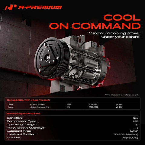 Heavy Duty AC Compressor With Clutch Assembly For Jeep Grand Cherokee WK2 3.6L 2016 to 2022 RS18 with 6 groove pulley.