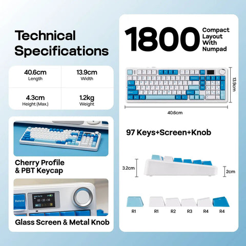 Technical specifications of Sick Wireless Mechanical Keyboard With 97 Key Layout Built In Smart Screen Rotary Dial Knob Custom Pbt Keycaps