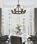 Farmhouse Round 6-Light Chandelier In Oil Rubbed Bronze With Glass Shade over modern dining room table