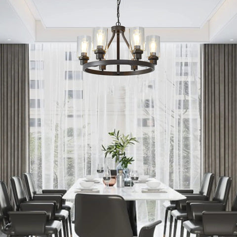 Farmhouse Round 6-Light Chandelier In Oil Rubbed Bronze With Glass Shade over modern dining room table