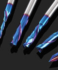 Five carbide router bits with nano blue coating from Eight Piece 1/4 Inch Shank CNC Router Bit Set With Pro Grade Tungsten Carbide For Woodworking