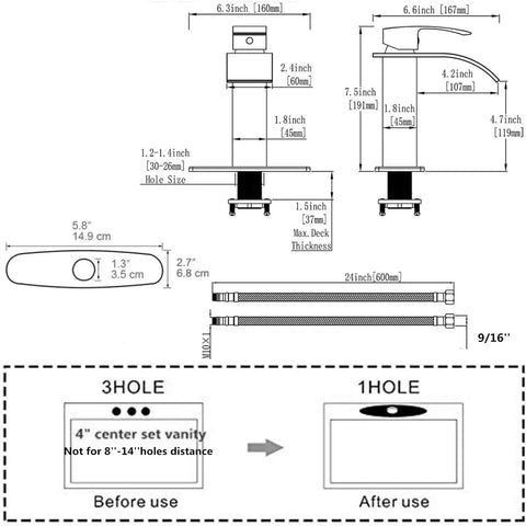 Diagram showing dimensions and installation instructions for Waterfall Spout Deck Mount Bathroom Faucet Slick Matte Black Finish With Pop Up Drain No Overflow Modern Lavatory 304 Stainless Steel One Or Three Hole Install Easy Temperature Control Hot And Cold US Nine Sixteenth Inch Thread.