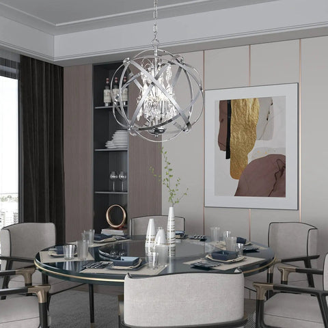 Globe Four Light Crystal Chandelier With Industrial Sphere Cage Chrome Finish Adjustable Hanging Pendant Lighting For Dining Room