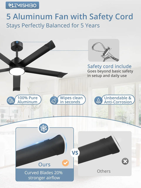 ZMISHIBO 52 Inch Ceiling Fans with Lights, Bend-Resistant Aluminum Blades, showing 5 aluminum fan blades with safety cord.