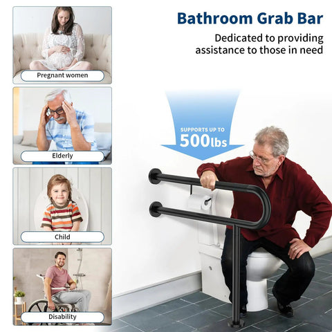 Slick Matte Black Wall To Floor Toilet Safety Grab Bar With Paper Holder Heavy Duty supporting adults during bathroom use.