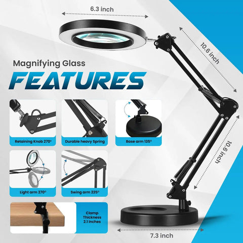 Diagram of 10X Magnifying Glass With LED Light, Adjustable Stand And Clamp Desk Lamp showcasing features and dimensions