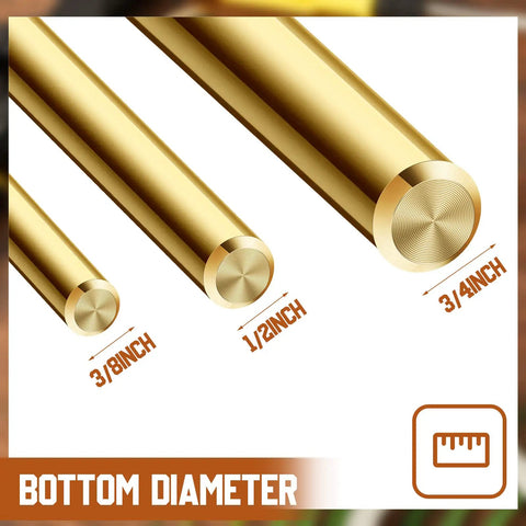 Close-up of Brass Drift Punch Set, 3 Piece, Three Sizes Three Quarter Inch, One Half Inch, and Three Eighth Inch with diameter labels.