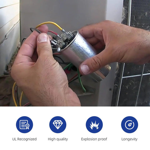 35/5 UF Dual Run AC Capacitor Drop-In Replacement For HVAC Units 370V 440V CBB65 Round Start Capacitor For Fans, Heat Pumps, Condensers 35/5 MFD ±6% Easy Install Durable installed in HVAC wiring