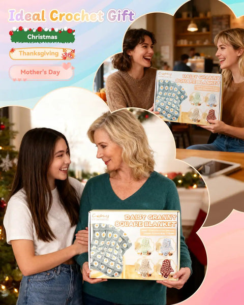Two women displaying Beginner Crochet Kit With Easy Yarn Pack For A Cozy Granny Square Blanket Step By Step Video Guides Simple Crochet Starter Set