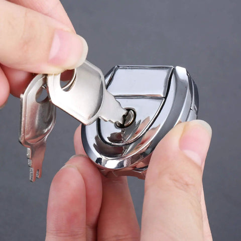 Inserting key into Key Hasp Lock 36x37mm for luggage suitcase tools box and cabinet doors, durable metal toggle hasp latch visible
