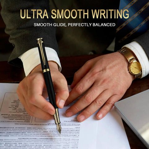 Man using Premium Black Finish Fountain Pen With Fine Nib, Smooth Ink Flow, Full Starter Set Including Cartridges