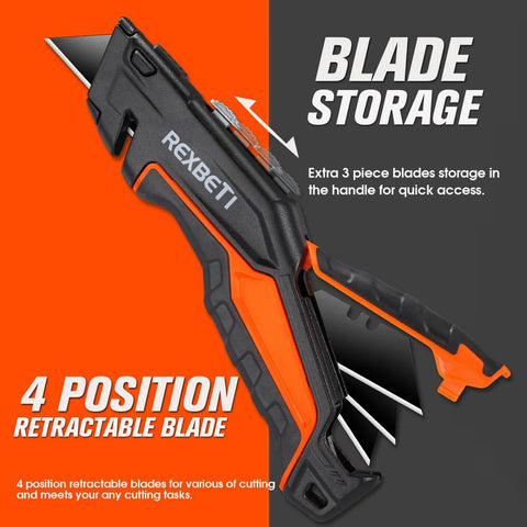 REXBETI utility knife, 2-pack; black and orange retractable box cutter with blade storage and extra blades