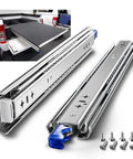 Heavy Duty Full Extension Drawer Slides Featuring A Secure Lock And Rock Solid Ball Bearings Built Tough For Kitchens Cabinets And Home Offices Handles 264 Pounds Total Load 38 Inch Length Per Pair, showing chrome slide mechanism with blue pull.