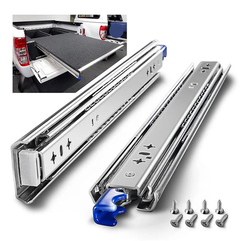 Heavy Duty Full Extension Drawer Slides Featuring A Secure Lock And Rock Solid Ball Bearings Built Tough For Kitchens Cabinets And Home Offices Handles 264 Pounds Total Load 38 Inch Length Per Pair, showing chrome slide mechanism with blue pull.