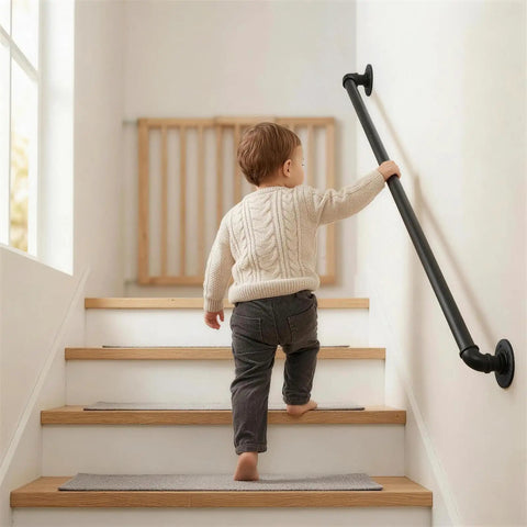 Child using Heavy Duty Four Foot Iron Stair Handrail In Matte Black Finish Rust Resistant Body For Indoor Or Outdoor Staircases.