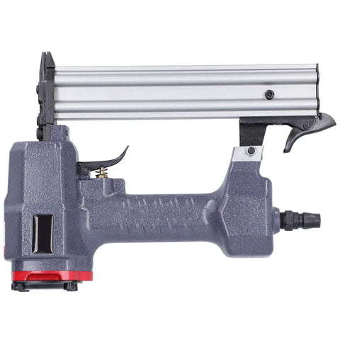 Tight Fit Brad Nailer Featuring Ultra Low Air Consumption And Comfy Rubberized Grip Durable Aluminum Chassis side view with trigger