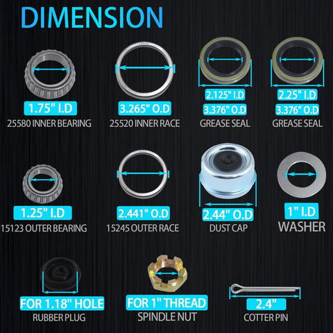 Dimensions of 4 Pack Boat Trailer Axle Bearing Kit For 5200-6000 Lb Tandem Axles, includes bearings, seals, and dust caps.