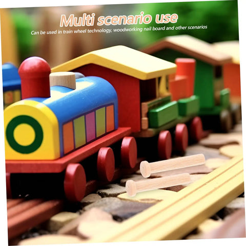 Miniature Wooden Nails Set For DIY Crafts And Woodworking displayed with colorful train model, showcasing use for train wheel projects.