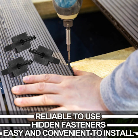 Person installing deck using Nylon Deck Fastener Clips For Decking With Metal Screws, Composite Decking Fasteners And Nylon T Clips