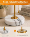 Gold Table Lamps Set Of 2 For Bedside And Living Room With Marble Bases Linen Shade Pull Chain 3 Way Dimmable Nightstand Lamps 18.5 Inch Tall Slim Desk Style Bulbs Included showing solid natural marble base on a beige surface.