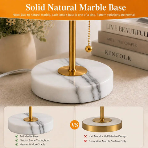 Gold Table Lamps Set Of 2 For Bedside And Living Room With Marble Bases Linen Shade Pull Chain 3 Way Dimmable Nightstand Lamps 18.5 Inch Tall Slim Desk Style Bulbs Included showing solid natural marble base on a beige surface.
