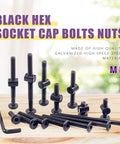 192 Piece M6 Hardware Kit for Cribs and Furniture Includes Heavy Duty Flat Head Hex Bolts Barrel Nuts Threaded Inserts Tee Nuts Flange Nuts And An Allen Wrench Included showing black hex bolts and allen wrench