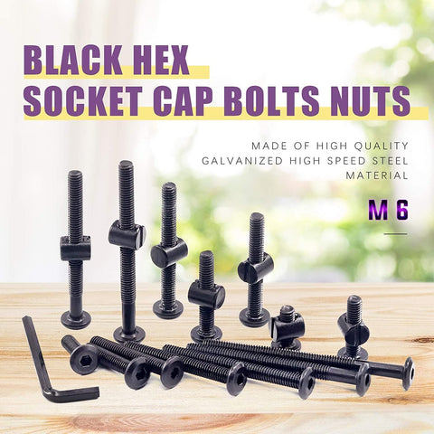 192 Piece M6 Hardware Kit for Cribs and Furniture Includes Heavy Duty Flat Head Hex Bolts Barrel Nuts Threaded Inserts Tee Nuts Flange Nuts And An Allen Wrench Included showing black hex bolts and allen wrench