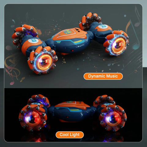 4WD Gesture-Control RC Stunt Car for Kids, orange-blue, dynamic lights, music mode, all terrain off-road toy.