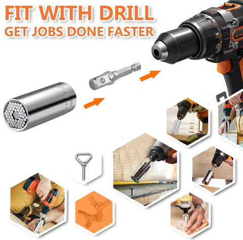 Universal Socket Wrench Tool Kit 7 To 19 Millimeter Socket Grip Set With Three Eighths Inch Ratchet Wrench And Drill Adapter