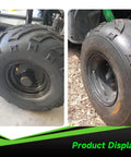 145/70-6 Tubeless Tire For Mini Bikes And ATVs, installed on vehicle, side view, showing tread pattern and wide fit