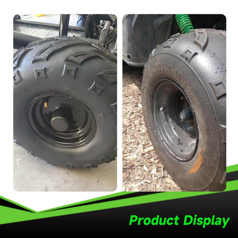 145/70-6 Tubeless Tire For Mini Bikes And ATVs, installed on vehicle, side view, showing tread pattern and wide fit