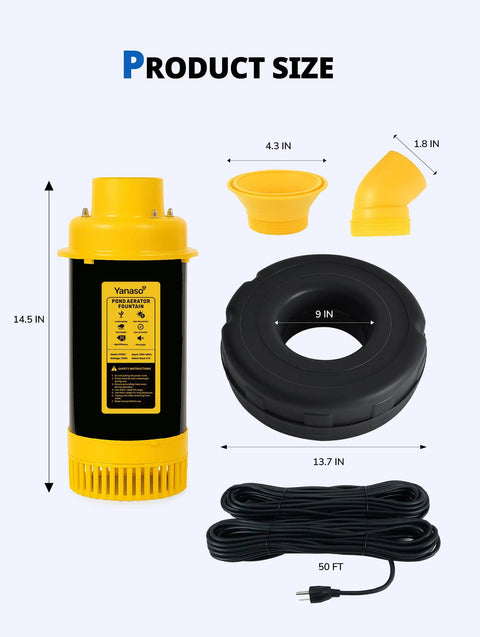 Dimensions and components of 1 HP Pond Fountain Pump With Timer And 15000 GPH Flow, 100 Ft Power Cord, Dual Spray Patterns.