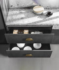 Champagne Bronze Cabinet Pulls 2.5 Inch Hole Centers Fan Shaped Zinc Alloy Drawer Pulls 6 Pack For Kitchen Cabinets And Furniture Modern Upgrade Rust Resistant Accessible Luxury Hardware installed on dark kitchen drawers