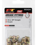 Front view of Performance Tool W54241 1/8 in NPT grease fittings, pack of 10 in brass-colored metal inside clear blister pack