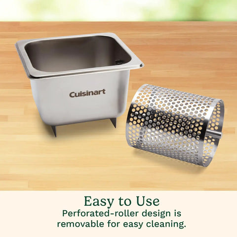 Stainless Steel Butter Wheel For Griddles And Grills Raised Bottom Butter Roller with removable perforated design on table.