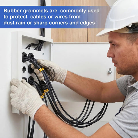 Worker installing cables using 210 Piece Rubber Grommet Kit With Nine Sizes For Wiring Electrical Appliance Plumbing And Automotive Cord