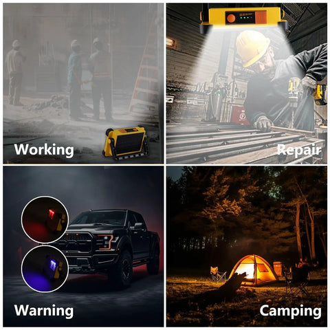 Rock Solid 120W Led Solar Work Light With Stand Blasts A Badass Ten Thousand Lumens Via Four Simple Switches Fully Rechargeable And IP65 Rated For Camping Fishing Car Detailing And Outdoor Chores Yellow