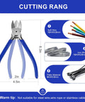 Image of a 6.3 inch Heavy Duty Diagonal Cutter from Two Pack Wire Cutters Set 5 Inch Micro Cutter And 6 Inch Heavy Duty Diagonal Cutter Spring Loaded Flush Cutting Pliers For Crafting Electronics 3D Printing Jewelry Making Model Sprue Zip Ties Carbon Steel, with blue handles, showing cutting range and wire AWG size