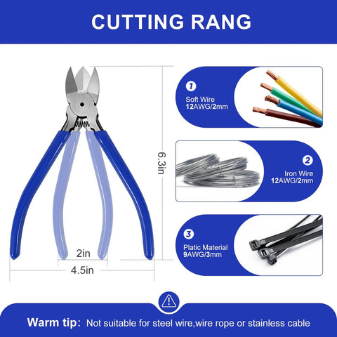 Image of a 6.3 inch Heavy Duty Diagonal Cutter from Two Pack Wire Cutters Set 5 Inch Micro Cutter And 6 Inch Heavy Duty Diagonal Cutter Spring Loaded Flush Cutting Pliers For Crafting Electronics 3D Printing Jewelry Making Model Sprue Zip Ties Carbon Steel, with blue handles, showing cutting range and wire AWG size