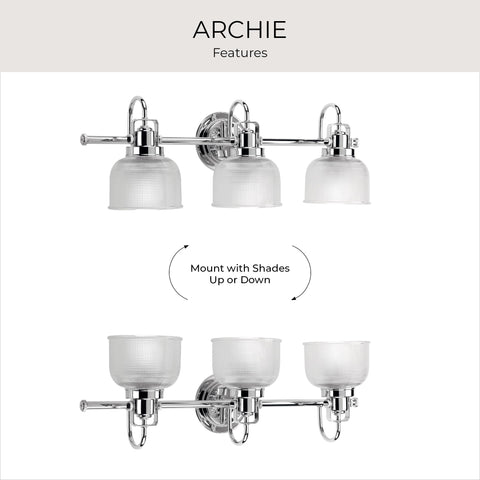 Archie Collection 3 Light Clear Double Prismatic Glass Coastal Bath Vanity Light in Polished Chrome Finish